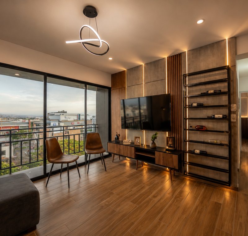 Sala de Suite Ejecutiva con vinoteca iluminada y balcón con vista a Trujillo al atardecer