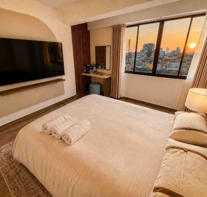 Dormitorio principal de Suite Familiar 603, con ventanal y vista a la ciudad al atardecer